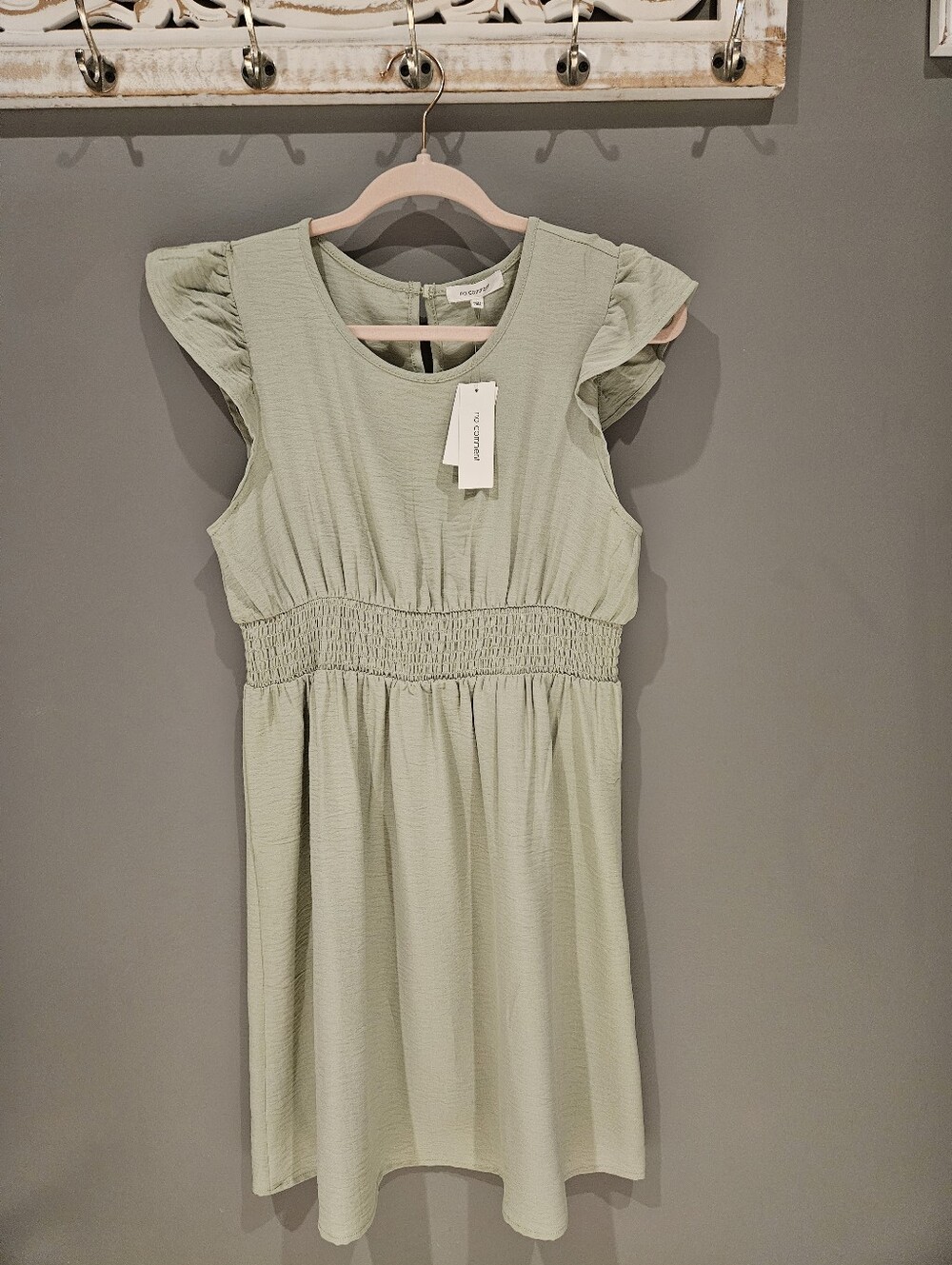 NWT NO COMMENT Sage Ruffle Sleeve Smocked Waist Dress